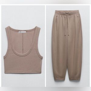 ZARA Ribbed Crop Tank + Tapered Jogger Pants Set Brown/Taupe Size Small